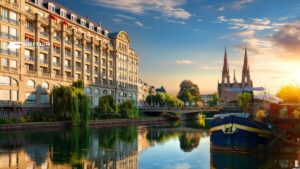 Canale al tramonto con palazzi storici e chiesa sullo sfondo, Mercatini di Mulhouse Colmar Strasburgo Lucerna in tour